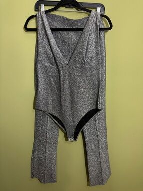 ZARA Silver Glitter V-Neck Bodysuit with Pants Matching Set Bundle